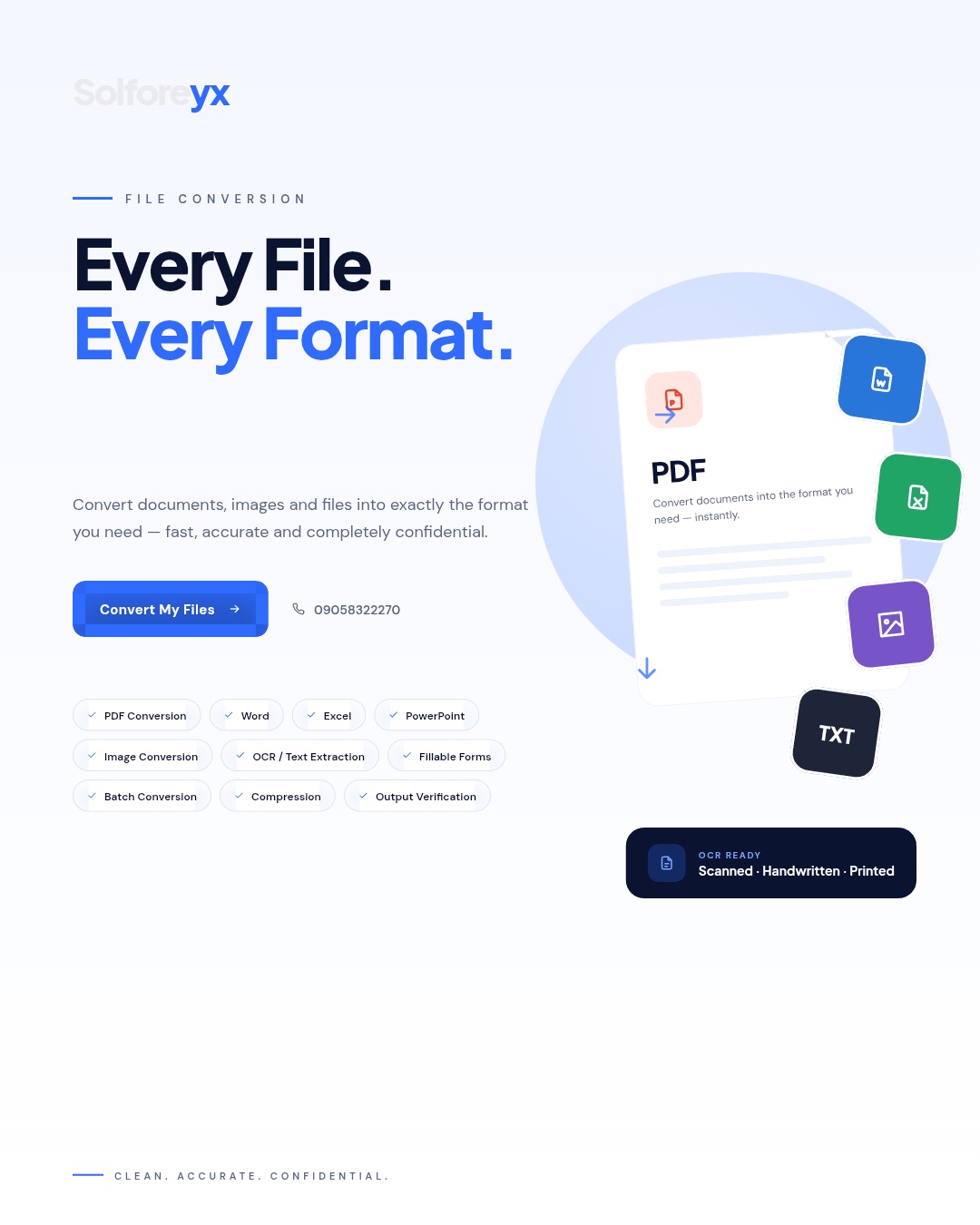 File conversion service by Solforeyx — PDF, Word, Excel, PowerPoint, JPG, PNG, SVG and OCR document conversion