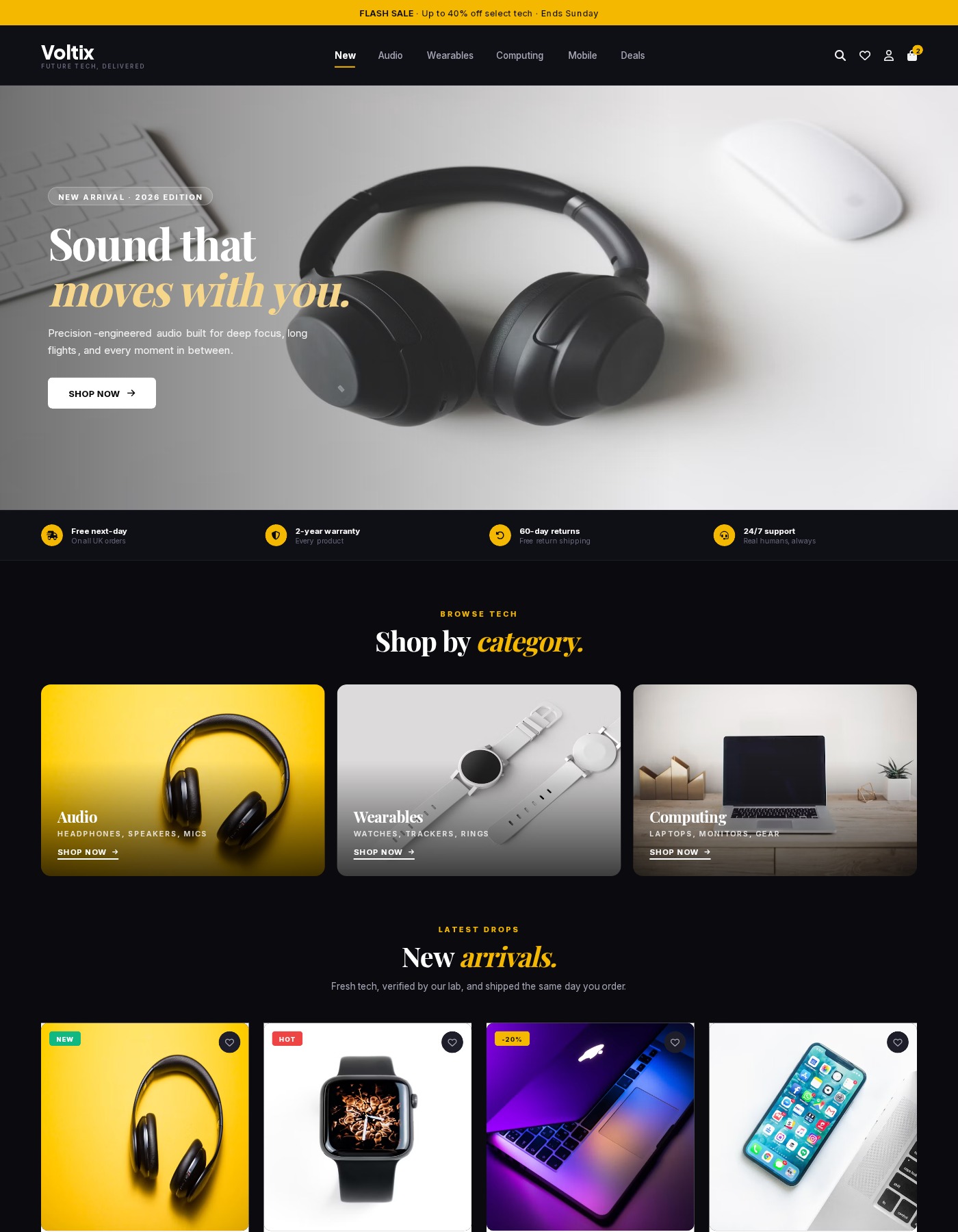 Electronics Shopify store portfolio by Solforeyx — full Shopify store build with product setup