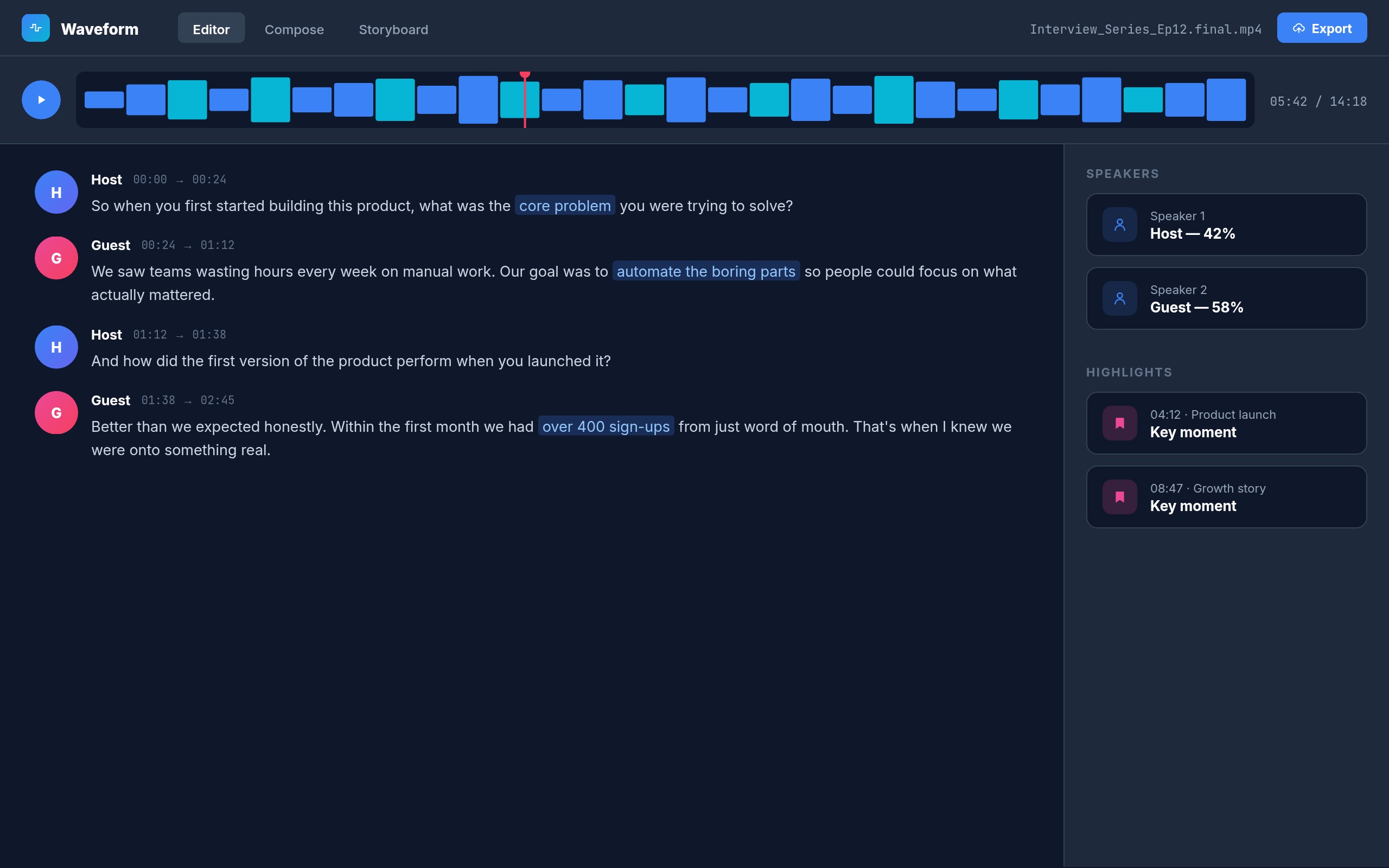 Interview series transcription portfolio by Solforeyx — 10 interviews transcribed with speaker identification