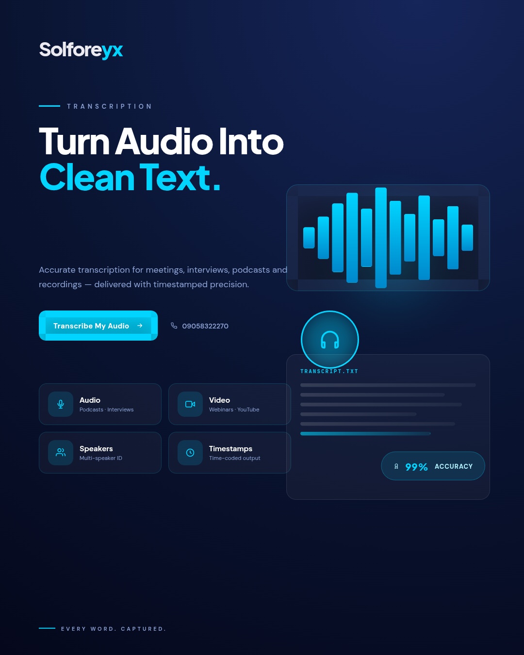 Audio transcription service by Solforeyx — accurate 99% transcriptions for podcasts, interviews and meetings in 24–48 hours